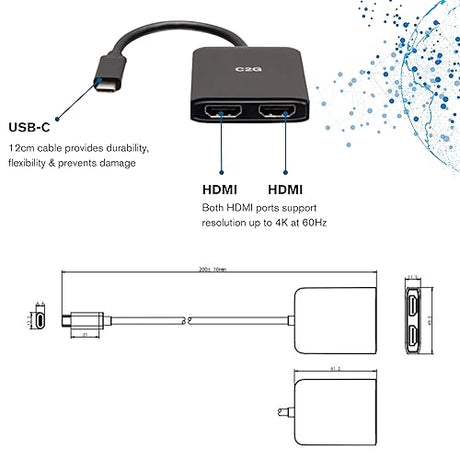 C2G USB-C to Dual HDMI 4K Dual Monitor MST Hub, Mini DP Multi-Stream Transport (MST) Multiple Monitor Splitter, Black