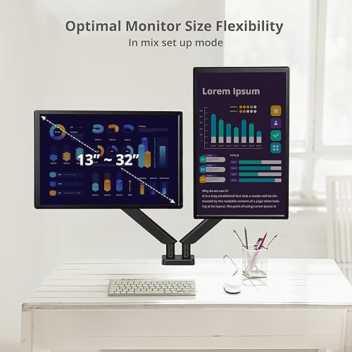 SIIG Dual Monitor Arm Stand for Desk - Fully Adjustable Gas Spring Mount Holds 22 lbs and 13-32 Inch Screens, VESA 75x75 100x100 with C-Clamp & Grommet (CE-MT3Y11-S1)