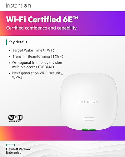HPE Networking Instant On Access Point AP32 2x2 WiFi 6E Indoor Wireless Access Point | Secure, Tri-Band, Future Ready | Power Source Not Included | US Model (S1T22A) Power Adapter Not Included