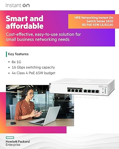 HPE Networking Instant On Switch Series 1830 8-Port Gb Smart-Managed Layer 2 Ethernet Switch with PoE | 8X 1G | 4X CL4 PoE (65W) | Fan-Less | US Cord (JL811A#ABA)