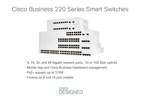 CISCO DESIGNED Business CBS220-8FP-E-2G Smart Switch | 8 Port GE | Full PoE | 2x1G SFP | 3-Year Limited Hardware Warranty (CBS220-8FP-E-2G-NA) 8-port GE / PoE+ / 130W / 2 x GE Uplinks / External Power Supply Switch