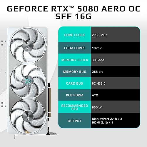 GIGABYTE GeForce RTX 5080 AERO OC SFF 16G Graphics Card, WINDFORCE Cooling System, 16GB 256-bit GDDR7, GV-N5080AERO OC-16GD Video Card