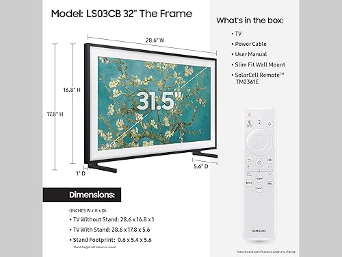 Samsung 32-Inch Class QLED The Frame LS03C Series, Quantum HDR, Art Mode, Anti-Reflection Matte Display, Slim Fit Wall Mount Included, Smart TV w/Alexa Built-in (QN32LS03CB) 32-Inch TV Only TV Only