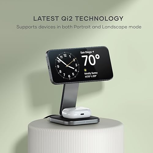 Satechi 2 in 1 Wireless Charger, Qi2 15W Dual Wireless Charger Stand, Magnetic, Foldable Travel Charger Station for iPhone 17 to 12 Series, and AirPods Pro 4/3/2 2 in 1 Space Gray