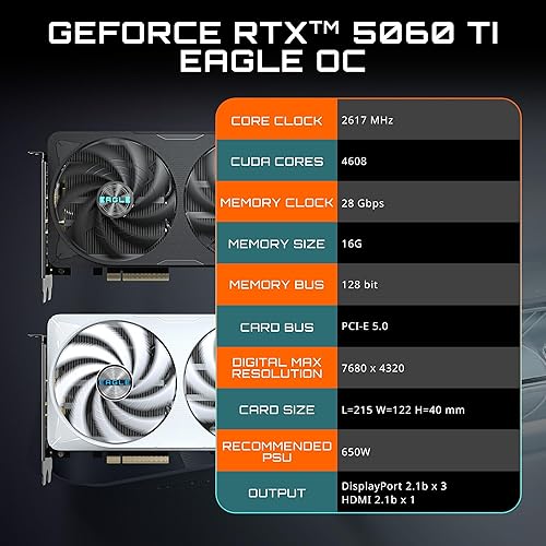 GIGABYTE GeForce RTX 5060 Ti Eagle OC 16G Graphics Card, 16GB 128-bit GDDR7, PCIe 5.0, WINDFORCE Cooling System, GV-N506TEAGLE OC-16GD Video Card