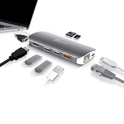 j5create USB C Hub Adapter Multi-Monitor 10-in-1 Port Docking Station 4K HDMI, VGA, Ethernet, USB 3.0, MicroSD, SD, USB-C 3.1 + Power Delivery | for PC, Laptop, Tablet, Display Connection