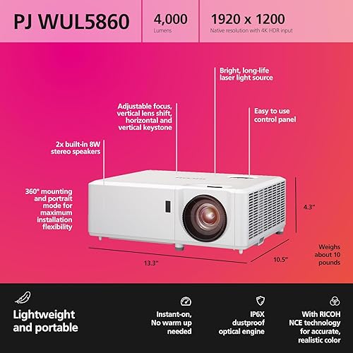 RICOH PJ WUL5860 Compact DLP Laser Projector | Bright 4,000 Lumens | Standard Throw | 29-303 Screen Size | Vertical Lens Shift | 360° Installation | Up to 20k hours | 2x 8W Stereo Speakers | 2x HDMI