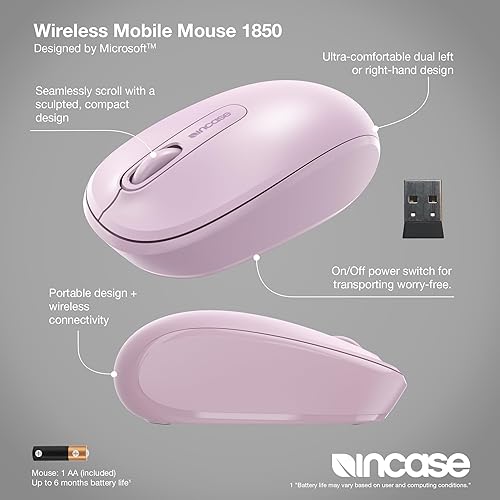 Incase Wireless Mobile Mouse 1850 – Designed by Microsoft – Compact, Comfortable, Right/Left Hand Use, 6-Month Battery Life, Nano Transceiver, Works with Mac/Windows 8/10/11 (Light Orchid)