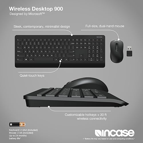 Incase Wireless Desktop 900 Keyboard and Mouse Combo - Designed by Microsoft – Quiet Touch Keys, Ambidextrous Design, Customizable Hotkeys, Two Year Battery Life – Black