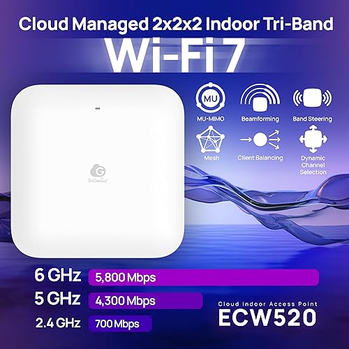 EnGenius ECW520 Wi-Fi 7 Tri-Band Indoor Access Point – 10.8 Gbps Speeds, 2x2x2 MU-MIMO, 2.5GbE PoE+, 2.4/5/6GHz, 320MHz Channels, Supports 500 Devices, 1,200 Sq Ft Coverage, Cloud Managed