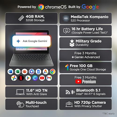 Lenovo 100e Chromebook Gen 4 82W0000WUS 11.6 Chromebook - HD - Octa-core (ARM Cortex A76 + Cortex A55) - 4 GB - 32 GB Flash Memory - English Keyboard - Graphite Gray