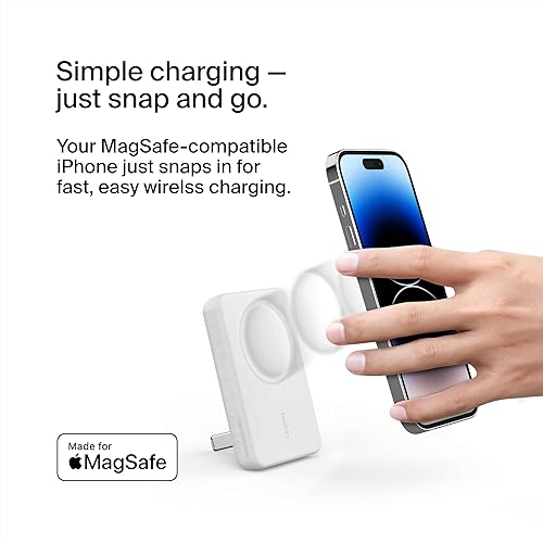 Belkin BoostCharge Wireless Power Bank 5K w/MagSafe Compatible 7.5W Charging, Built-in Pop-up Kickstand - Compatible w/iPhone 16, 16 Plus, 16 Pro, 16 Pro Max, iPhone 15, AirPods, and More - White