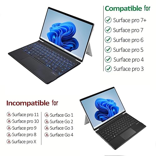 ADESSO Surface Pro Case with Bluetooth Keyboard and Touchpad Slim Quiet Fast Scissor Switch Keys Faux Suede and Leather Cover for Surface Pro 3 4 5 6 7 Ultra Slim Aluminum