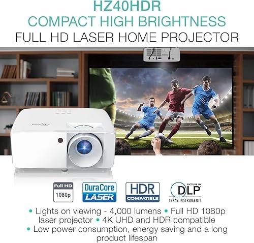 Optoma HZ40HDR Compact Laser Home Theater and Gaming Projector, 1080p HD with 4K HDR Input, High Bright 4,000 Lumens HZ40HDR (Latest, Long Throw, Laser, 4000 Lm)