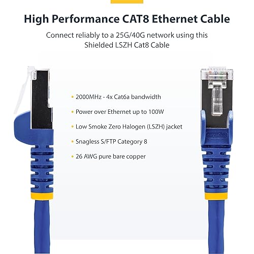 StarTech.com 6ft Blue CAT8 Ethernet Cable, Snagless RJ45, 25G/40G, 2000MHz, 100W PoE++, S/FTP, 26AWG Pure Bare Copper, LSZH
