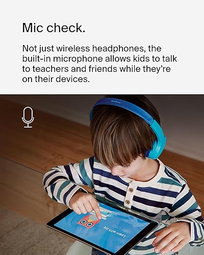 Belkin SoundForm Children's Mini Wireless Headphones with Built-in Microphone and Fun Sticker 30 Hours Playback - Study Holidays on Ear Headphones for iPhone, iPad, Galaxy, Blue