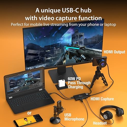 j5create Video Capture Card with PD 60W Pass-Through Charging, Built-in Multi-Function hub, Suitable for Streaming, Live Broadcasting, Video Conference, Teaching, Gaming (JVA01)