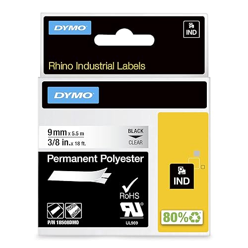 DYMO 3/8" Clear Permanent Pol, DYMO Authentic Black on Clear 4 x 0.375 inch