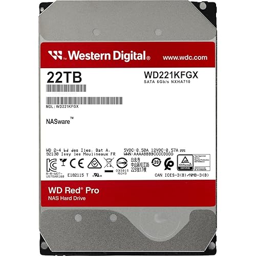 Western Digital 22TB WD Red Pro NAS Internal Hard Drive HDD - 7200 RPM, SATA 6 Gb/s, CMR, 512 MB Cache, 3.5 - WD221KFGX 22TB Red Pro