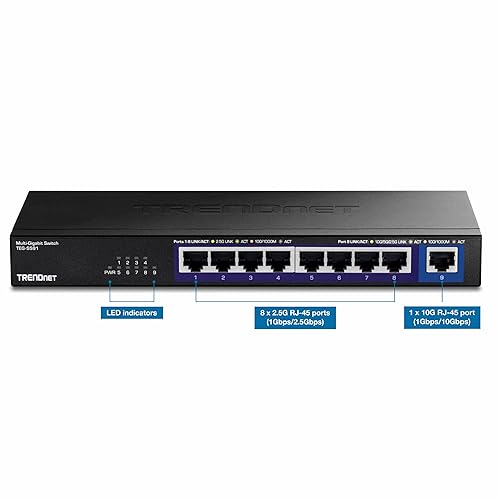 TRENDnet 9-Port Multi-Gig Switch, TEG-S591, 8 x 2.5G RJ-45 Ports, 1 x 10G RJ-45 Port, 60Gbps Switching Capacity, Lifetime Protection, Black