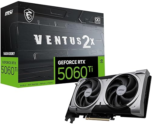 MSI Gaming RTX 5060 Ti 16G Ventus 2X OC Plus Graphics Card (16GB GDDR7, 128-bit, Extreme Performance: TBA MHz, DisplayPort x 3 2.1a, HDMI 2.1b, NVIDIA Blackwell Architecture)