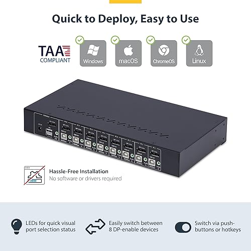StarTech.com 8-Port DisplayPort KVM Switch w/1U Rack Mount Kit, 4K 60Hz DP 1.2, Push-Button/Hotkey Switching, TAA Compliant