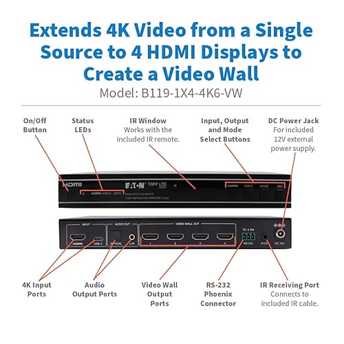 Tripp Lite 4K HDMI Video Wall Controller, TV Wall Display Processor, 1 HDMI or USB-C Input, 4 HDMI Outputs, 1x2, 1x3, 1x4, 2x2 and More, 4K@60Hz, No Software Needed, 3-Year Warranty (B119-1X4-4K6-VW)