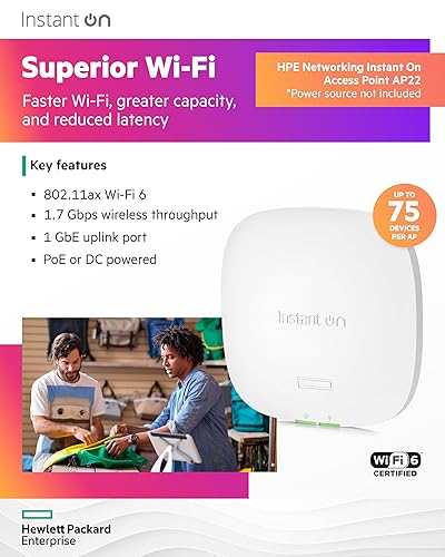 HPE Networking Instant On Access Point AP22 2x2 WiFi 6 Indoor Wireless Access Point | Long Range, Secure, Smart Mesh Support | Power Source Not Included | US Model (R4W01A) Power Adapter Not Included