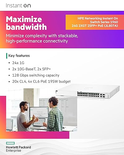 HPE Networking Instant On Switch Series 1960 24-Port Gb Smart-Managed Layer 2+ Ethernet Switch with PoE | 24x 1G | 2X 10GBase-T, 2X SFP+ | 20x CL4, 4X CL6 PoE 370W | Stackable | US Cord (JL807A#ABA)