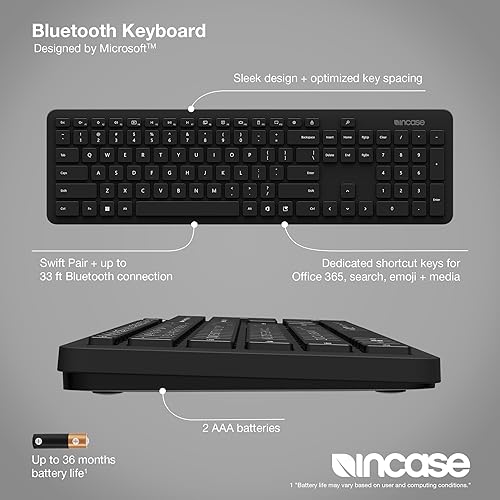 Incase Bluetooth Keyboard – Designed by Microsoft – Sleek Design, Optimized Key Spacing, Office 365 Shortcuts, Swift Pair, 33 ft Range, 3-Year Battery Life -Compatible with Mac/Windows – Black