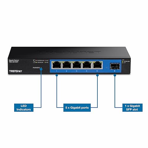 TRENDnet 4-Port Gigabit Switch with SFP Slot, 10 Gbps Switching Capacity, Fanless, 802.1p QoS, Rear Facing Ports, Metal Housing, Network Ethernet Switch, Lifetime Protection, Black, TEG-S51SFP