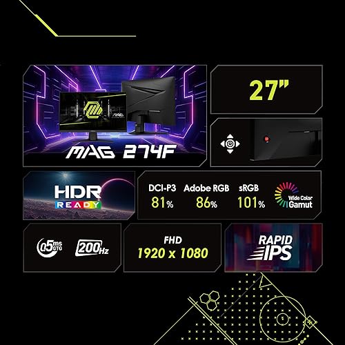 MSI MAG 274F 27-inch 1920 x 1080 (FHD) Gaming Office Monitor, 200Hz, Adaptive-Synch, HDR Ready, HDMI, VGA Port,VESA Mountable, Tilt, 4-Side Slim Bezel,0.5ms, Black