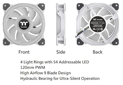 Thermaltake Riing Quad 140mm 16.8 Million RGB Color (Alexa, Razer Chroma) Software Enabled 4 Light Rings 54 Addressable LED 9 Blades Hydraulic Bearing White Case/Radiator Fan, 3 Pack, CL-F101-PL14SW-B