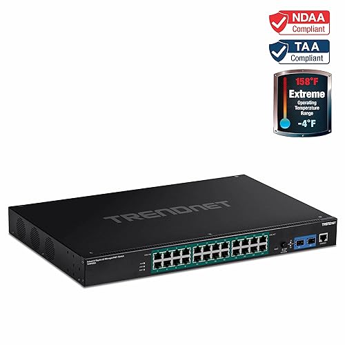 TRENDnet 26-Port Industrial Gigabit L2 Managed PoE+ Switch, TI-RP262i, 1U 19” Rackmount, 24 x Gigabit PoE+ Ports, 2 x SFP Slots (100/1000Base-FX), IP30, VLAN, QoS, 685W PoE Power Budget, Fanless