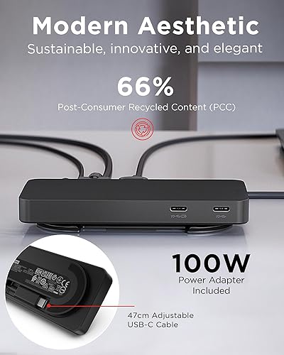 Lenovo USB-C Dual Display Travel Dock w/ 100W Power Adapter(Supports 65W PD Pass Though), 7 Ports, Up to 100W PD Pass Through, Integrated USB-C Cable, Black USB Dock + Adapter