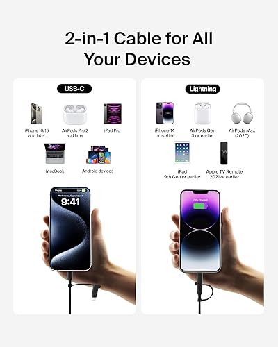 Belkin BoostCharge Braided 2-in-1 USB-C Charging Cable w/USB-C & Lightning Connector (1.5M) Fast & Multi-Charging for iPhone Series, iPad, MacBook, Galaxy Series, Nintendo Switch 2 & More - Black