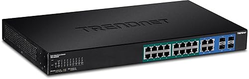 TRENDnet 20-Port Gigabit PoE+ Web Smart PoE+ Switch, 16 x Gigabit PoE+ Ports, 4 x Shared Gigabit Ports, Up to 30W Per Port, 185W Total Power Budget, Rack Mountable, Black, TPE-1620WS