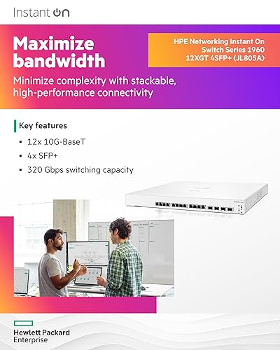 HPE Networking Instant On Switch Series 1960 12-Port 10Gb Aggregator Smart-Managed Layer 2+ Ethernet Switch | 12x 10GBase-T | 4X SFP+ | Stackable | US Cord (JL805A#ABA)