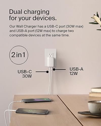 Belkin BoostCharge 42W Dual Port Wall Charger, USB-C + USB-A Charger Fast Charging for iPhone 16, 15, & 14 Series, Galaxy S25 Series, iPad, AirPods & More - USB-C to USB-C Cable Included - White Includes C-C Cable