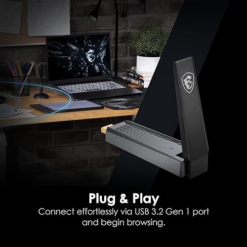 MSI AX1800 WiFi 6 Dual-Band USB Adapter - WLAN up to 1800 Mbps (5GHz, 2.4GHz Wireless), USB 3.2 Gen 1 Type-A, MU-MIMO, Adjustable Antenna, Beamforming, WPA3 - Wired Bracket Included AX1800 WiFi USB Adapter