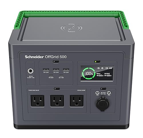Schneider OffGrid Portable Power Station 500, 517Wh Portable Solar Generator for Camping or Home, PPS500, Wireless phone charger, solar generator options