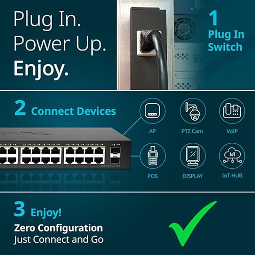 D-Link 24-Port Gigabit PoE+ Unmanaged Switch with 2 SFP Ports (DGS-1026P) – 240W Budget, 30W/Port, Plug-and-Play, Onboard Controls, QoS, Smart Fan, NDAA/TAA Standards