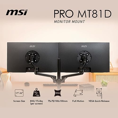 MSI PRO MT81D - Premium Aluminum Dual Monitor Stand Arms, Supports 17-32 & 17.6 lbs per Screen, VESA Compatible, Adjustable Desk Mount, Clamp & Grommet Base, Quick Release Plate - Black