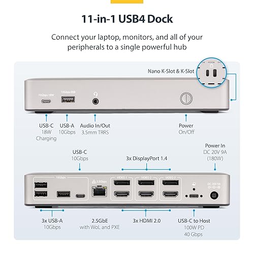 StarTech.com USB-C Docking Station (USB4), Triple 4K 60Hz Monitors, Up to 100W Laptop Charging, 2.5GbE, Driverless, Not macOS Compatible Triple Monitor Triple 4K60 USB4