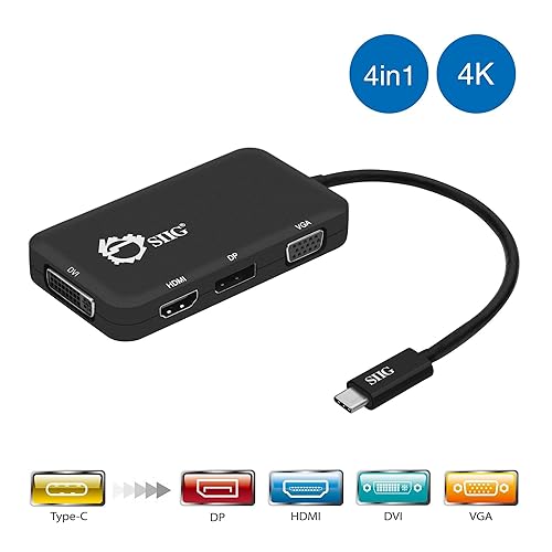 SIIG USB C to 4K HDMI/DisplayPort/VGA/DVI Multiport Adapter - Thunderbolt 3 Compatible - 4 in 1 for DisplayPort Alt Enabled Devices