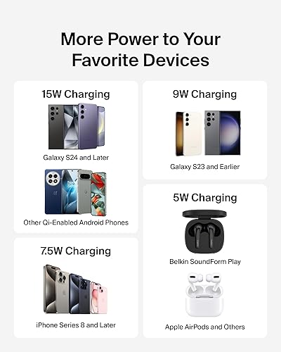 Belkin Wireless Charging Pad 15W - Qi Charger, Charging Station for Apple iPhone 16, iPhone 15/14/13 Series, AirPods, Samsung Galaxy S25, Galaxy S24, Pixel - Power Supply and Cable Included - Black