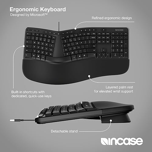 Incase Ergonomic Keyboard – Designed by Microsoft – Refined Ergonomic Design, Built-in Shortcuts Keys, Layered Palm Rest for Elevated Wrist Support, Integrated Number Pad – Black