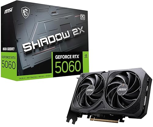 MSI Gaming RTX 5060 8G Shadow 2X OC Graphics Card (8GB GDDR7,TBA-bit, Extreme Performance: 2535 MHz, DisplayPort x3 2.1a, HDMI 2.1b, NVIDIA Blackwell Architecture)