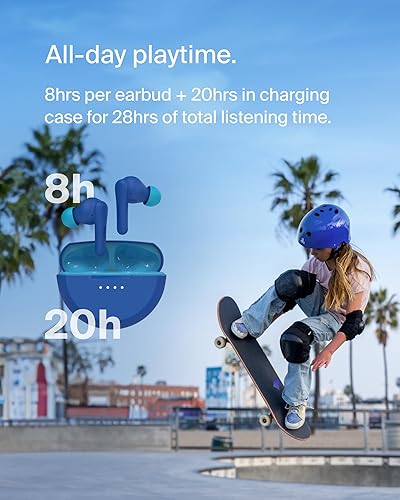 Belkin SoundForm Nano 2 Bluetooth Earbuds for Kids with Built-in Microphone, 28H Battery Life, Safe 85dB Volume, IPX5 Water Resistance - Kids Bluetooth Earbuds for iPhone, iPad, Galaxy, & More - Blue Blue One Size