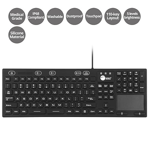 SIIG Wired Silicone Washable USB-A Keyboard with Touchpad, 110-key Layout, Industrial & Medical Grade, Dustproof, IP68 Compliant, 5 Levels Brightness, Silent & Quiet, Windows, Mac (JK-US0W11-S1)